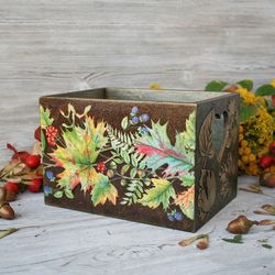 wooden open-top box with handle, autumn leaves fall decor organizer bin wooden box for pantry organizer storage