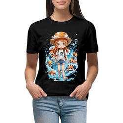 Cute Anime girl in water t-shirt for women,Feminine Anime Shirt,Watercolor Art Tee,Anime Tshirt Designs,Cute Anime Girl