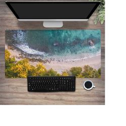 Beach Waves Gaming Mousepad, Tropical Desk Mat Sea Surf, XXL Extended Seaside Mouse Pad, Surfing Extra Large Keyboard De