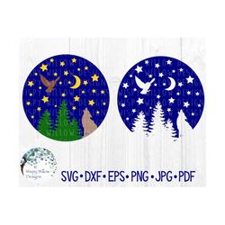 Night Sky SVG, DXF, pdf, png, Stars, Moon, Trees, Camping, Owl, Wolf, Nature, Digital File, Cricut, Silhouette, Cut File