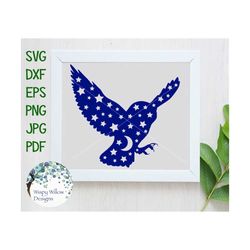 Owl SVG, Flying Owl with Moon and Stars SVG for Cricut, Celestial Bird Silhouette Clipart PNG, Magical Owl Svg, Vinyl De