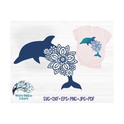 Floral Dolphin SVG for Cricut, Dolphin Mandala, Nautical Beach PNG with Flowers, Pretty Summer Ocean Animal Silhouette,