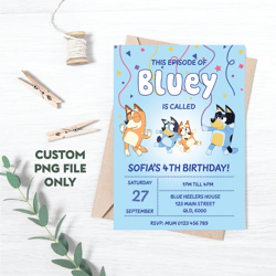 Personalized File Bluey Invitation, Digital Invite, Editable-Printable, Bluey Boys and Girls invite, Blue| PNG File Only