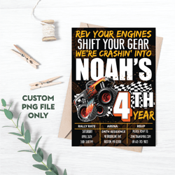 Personalized File Monster Truck Rally 4th Birthday Party Invitation Boys DIY Printable Instant Digital | PNG File Only