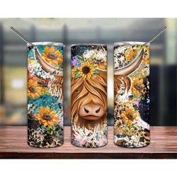 Highland Cow Tumbler PNG, Sunflower Cow 20oz Skinny Tumbler Sublimation, Highland Cow Tumbler Wrap Design