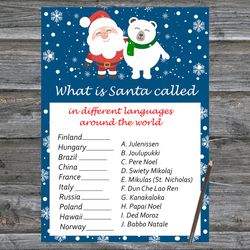 Christmas party games,Christmas Around the World Game Printable,Santa claus and polar bear Christmas Trivia Game Cards