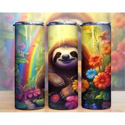 Cute Sloth Flowers Colorful Tumbler 20 oz Skinny Tumbler Sublimation Design, Instant Digital Download PNG, Straight & Ta