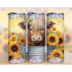 Highland cow sunflower Tumbler 20 oz Skinny Tumbler Sublimation Design, Instant Digital Download PNG, Straight & Tapered