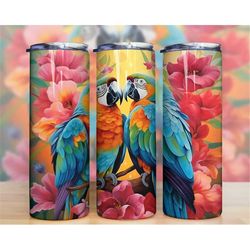 Vibrant Parrot Tropical Flowers 20 oz Skinny Tumbler Sublimation Design, Instant Digital Download PNG, Straight & Tapere