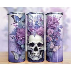 purple floral skulls halloween tumbler wrap, horror tumbler png, 20oz skinny tumbler sublimation, halloween tumbler wrap