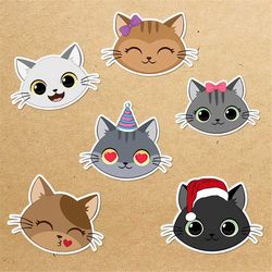cute cats faces sticker bundle, sticker png bundle, printable stickers, digital stickers, print and cut sticker, png dig