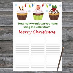 Christmas party games,How Many Words Can You Make From Merry Christmas,Cake Christmas Trivia Game Cards