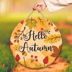 Hello Autumn Round Door Hanger Png, Wood Door Hanger Sublimation Design, Round Sign Png, Digital Download
