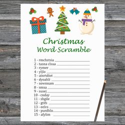 Christmas party games,Christmas Word Scramble Game Printable,Snowman and tree Christmas Trivia Game Cards