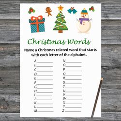 Christmas party games,Christmas Word A-Z Game Printable,Snowman and tree Christmas Trivia Game Cards