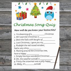 Christmas party games,Christmas Song Trivia Game Printable,Christmas tree and owl Christmas Trivia Game Cards