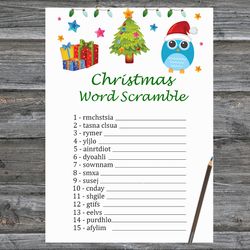 Christmas party games,Christmas Word Scramble Game Printable,Christmas tree and owl Christmas Trivia Game Cards