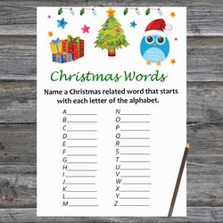 Christmas party games,Christmas Word A-Z Game Printable,Christmas tree and owl Christmas Trivia Game Cards