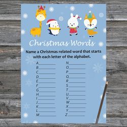 Christmas party games,Christmas Word A-Z Game Printable,Winter animals Christmas Trivia Game Cards