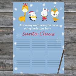 Christmas party games,How Many Words Can You Make From Santa Claus,Winter animals Christmas Trivia Game Cards