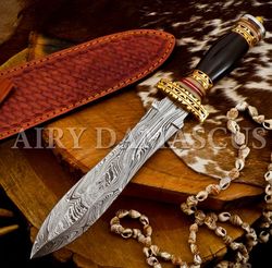 Hand Forged Damascus Steel Double Edged Blade Knife with Brass Guard & Pommel - Bull Horn Handle, Personalized Masterpie