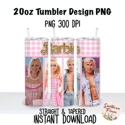Barbie Ken Pink Gingham 20oz  Skinny Tumbler Sublimation Wrap PNG, Waterslide, UV DTF,  Digital Instant Download