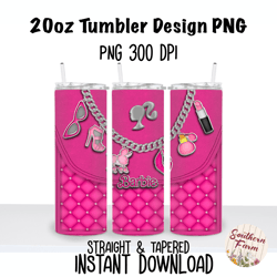 Barbie Purse Enamel Pin Charms 20oz Skinny Tumbler Sublimation Wrap PNG, Waterslide, UV DTF,  Digital Instant Download