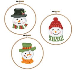 Snowman in hats set cross stitch pattern Christmas cross stitch Snowman in hoop Christmas pdf pattern Winter design
