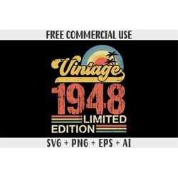 Distressed Retro vintage Sunset 1948 limited edition SVG PNG Sublimation designs for shirts Free Commercial use for POD(