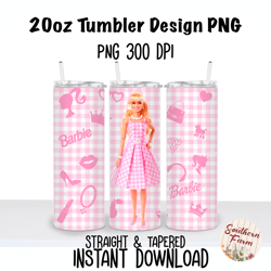 Barbie Pink Gingham 20oz Skinny Tumbler Sublimation Wrap PNG, Waterslide, UV DTF,  Digital Instant Download