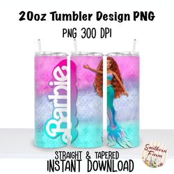 Barbie Mermaid 20oz Skinny Tumbler Sublimation Wrap PNG, Waterslide, UV DTF,  Digital Instant Download