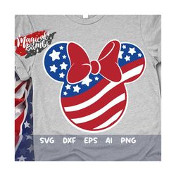 Mouse Head Svg, 4th of July Mouse Svg, Red White Bow Svg, USA Flag Svg, America Mouse Svg, Stars Stripes, Svg, Dxf, Png