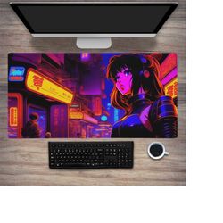 Purple Red City Gaming Mousepad, Japanese Desk Mat Tokyo Street, XXL Extended Anime Mouse Pad, lofi Extra large keyboard