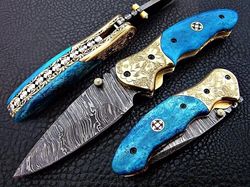 8" Custom Handmade Damascus Steel Pocket Folding Knife Hunting Camping Knife