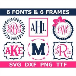 Monogram Bundle SVG  TTF, 6 Monogram Font Alphabets  6 Frames, School Monogram, Digital Download, Cut Files (svg/png/dxf