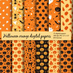 Halloween digital paper bundle, 15 orange seamless patterns in EPS and JPG formats, 300 dpi