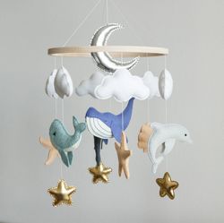 Handcrafted Whale, Stars and Ocean Themed Felt Baby Mobile - Customizable Nursery Decor