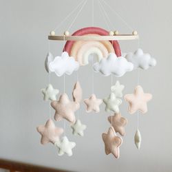 Handcrafted Custom Rainbow, Stars and Cloud Baby Mobile - Soft Felt Nursery Decor