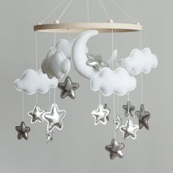 Custom Moon, Stars and Cloud Baby Mobile - Handcrafted, Soft Felt Nursery Decor