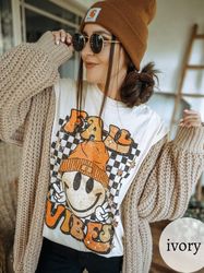 Fall Vibes Checkered Graphic T Smily Face Graphic T Smily Face Checkers Fall Shirt