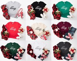 9 x Bella Canvas Christmas Shirt Mockups Red Forest White Tshirt Mock Up Festive Holiday Styled Stock Photo Tee SVG JPG