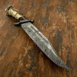 HAND MADE BY IMPACT CUTLERY CUSTOM DAMASCUS BOWIE KNIFE CROWN ANTLER HANDLE
