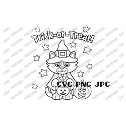 Trick Or Treat Coloring SVG, Cute Coloring Page, Cute Cat Cartoon, Happy Halloween, Coloring T-shirt, Cut File, Sublimat