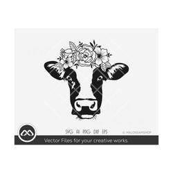 Heifer SVG Cow with flower - cow svg, cow face svg, cow head svg, farm animal svg, dxf, eps, png for lovers