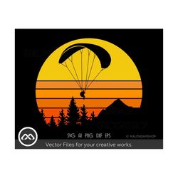 Paragliding SVG Retro Mountain - paraglide svg, parachute svg, silhouette, sky diver svg, png, cut file, digital downloa