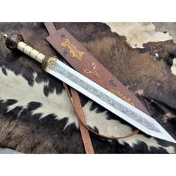 Remarkable Hand forged Sword, Longsword, Handmade Chisel Engraved/Hand Engraved Roman Gladius Viking Sword-gift for men