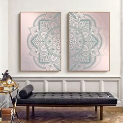 2pcs Frameless Nordic Modern Minimalist Mandala Pattern Islamic Muslim Pink Wall Art Canvas Painting Posters Living Room