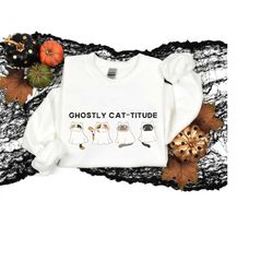 Halloween Cat Sweatshirt, Halloween Kitty Shirt, Ghost Cat Shirt, Spooky Cat Shirt, Cat Lover Shirt, Cat Tee, Cat Mom Te