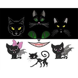 Mystic Black Cat Embroidery Designs BUNDLE - Halloween Cute and Witchy Kitty, Cheshire Cat Face Machine Embroidery PES F