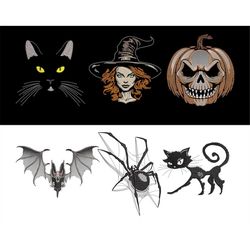 Halloween Witch Embroidery Bundle - Bat, Black Cat, Pumpkin Skull, Realistic Spider, October Festive Patterns, Digital M